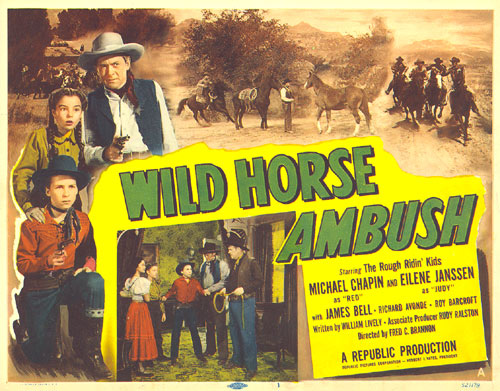 Title Card for "Wild Horse Ambush" starring the Rough Ridin' Kids--Michael Chapin and Eilene Janssen.