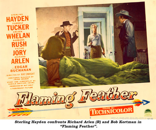 Sterling Hayden confronts Richard Arlen (R) and Bob Kortman in "Flaming Feather".