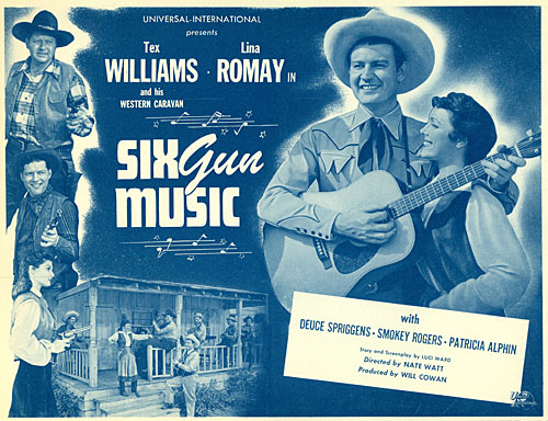 Title card for "Six Gun Music" starring Tex Williams and Lina Romay.
