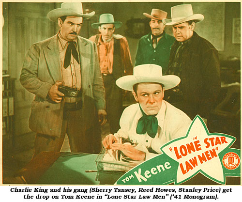 Charlie King and his gang (Sherry Tansey, Reed Howes, Stanley Price) get the drop on Tom Keene in "Lone Star Law Men" ('41 Monogram).