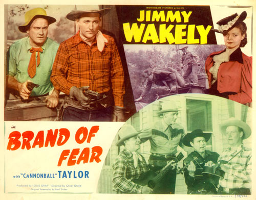Title card for "Brand of Fear" starring Jimmy Wakely.