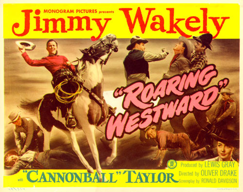 Title card for "Roaring Westward" starring Jimmy Wakely.
