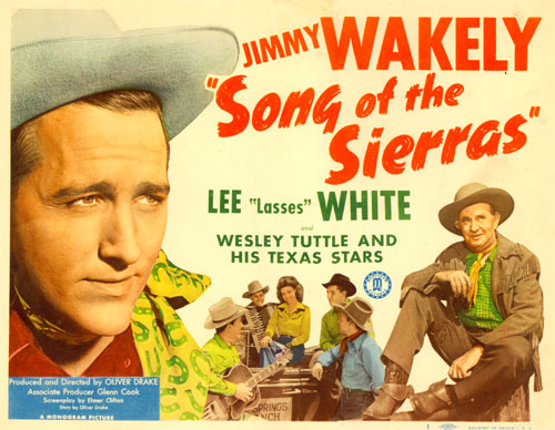 Title card for "Song of the Sierras" starring Jimmy Wakely.
