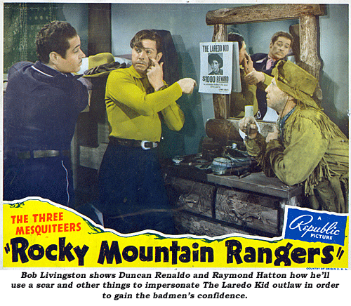 Bob Livingston shows Duncan Renaldo and Raymond Hatton how he'll use a scar and other things to impersonate The Laredo Kid outlaw in order to gain the badmen's confidence in "Rocky Mountain Rangers".