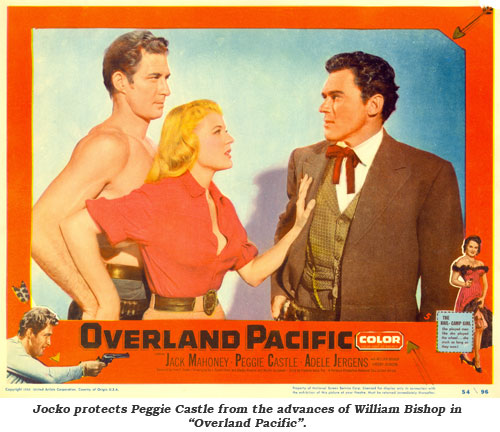 Jocko protects Peggie Castle from the advances of William Bishop in "Overland Pacific".